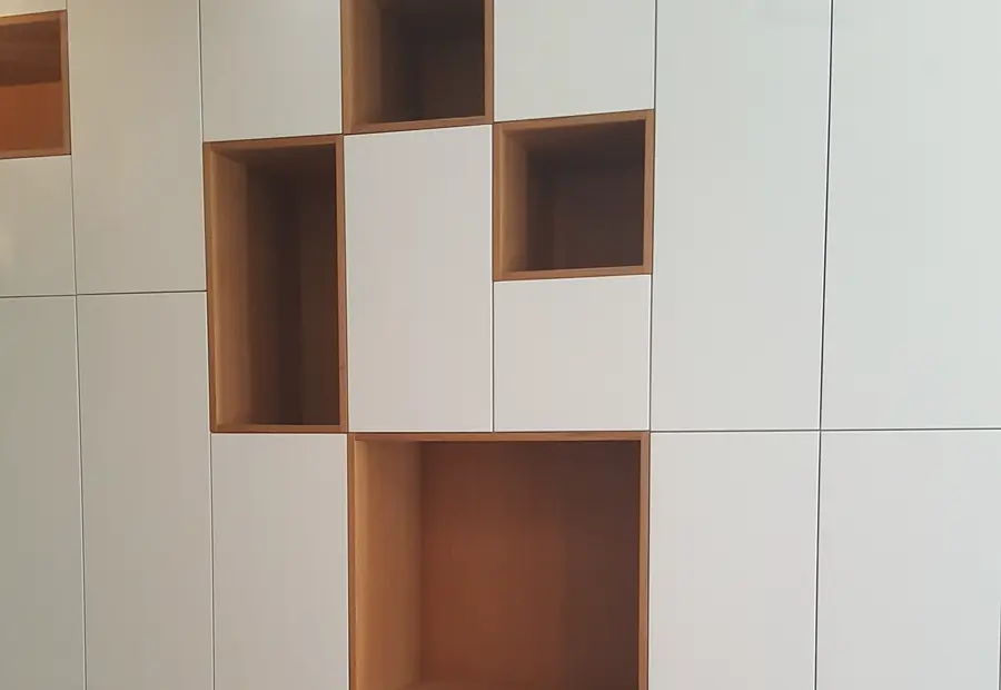 Bibliothèque murale sur mesure composée de niches laquées blanches et de caissons en bois